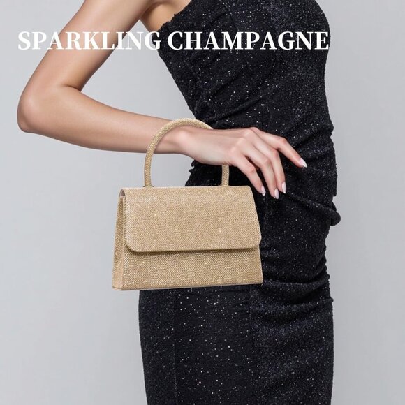 🆕Women's Champagne Glitter Top Handle Evening Purse w/ Chain, Party Prom Date - Picture 3 of 7